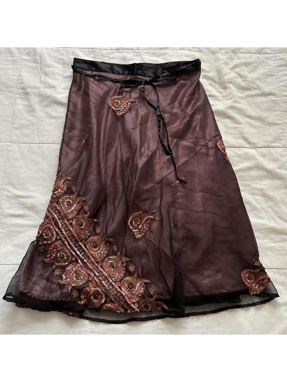 Black Sheer Overlay Blush Pink Sequin Paisley Wrap Skirt One Size